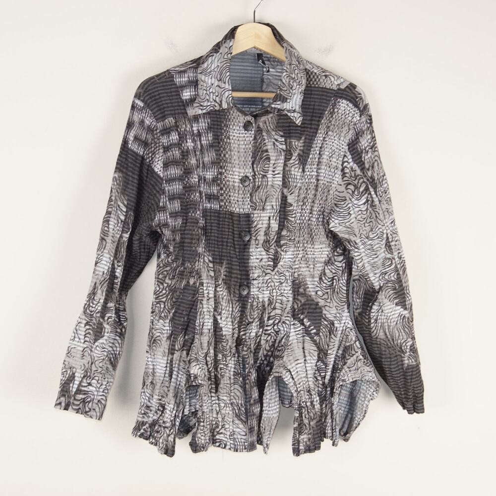 Dress To Kill Crinkle Art to Wear Brown Gray Button Long Sleeve Top Womens Sz OS